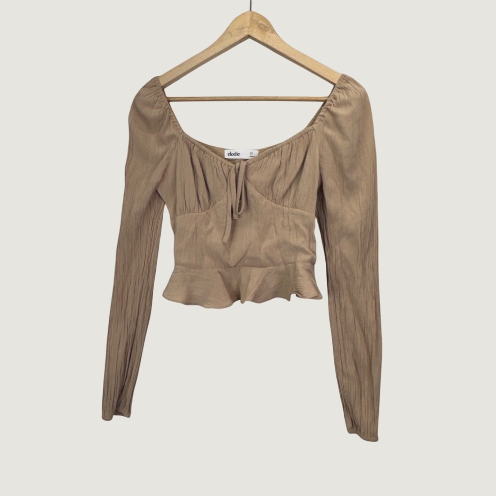 Elodie Long Sleeve Crop Top XS Tan Boho Cottagecore Ruffle Sweetheart Neck